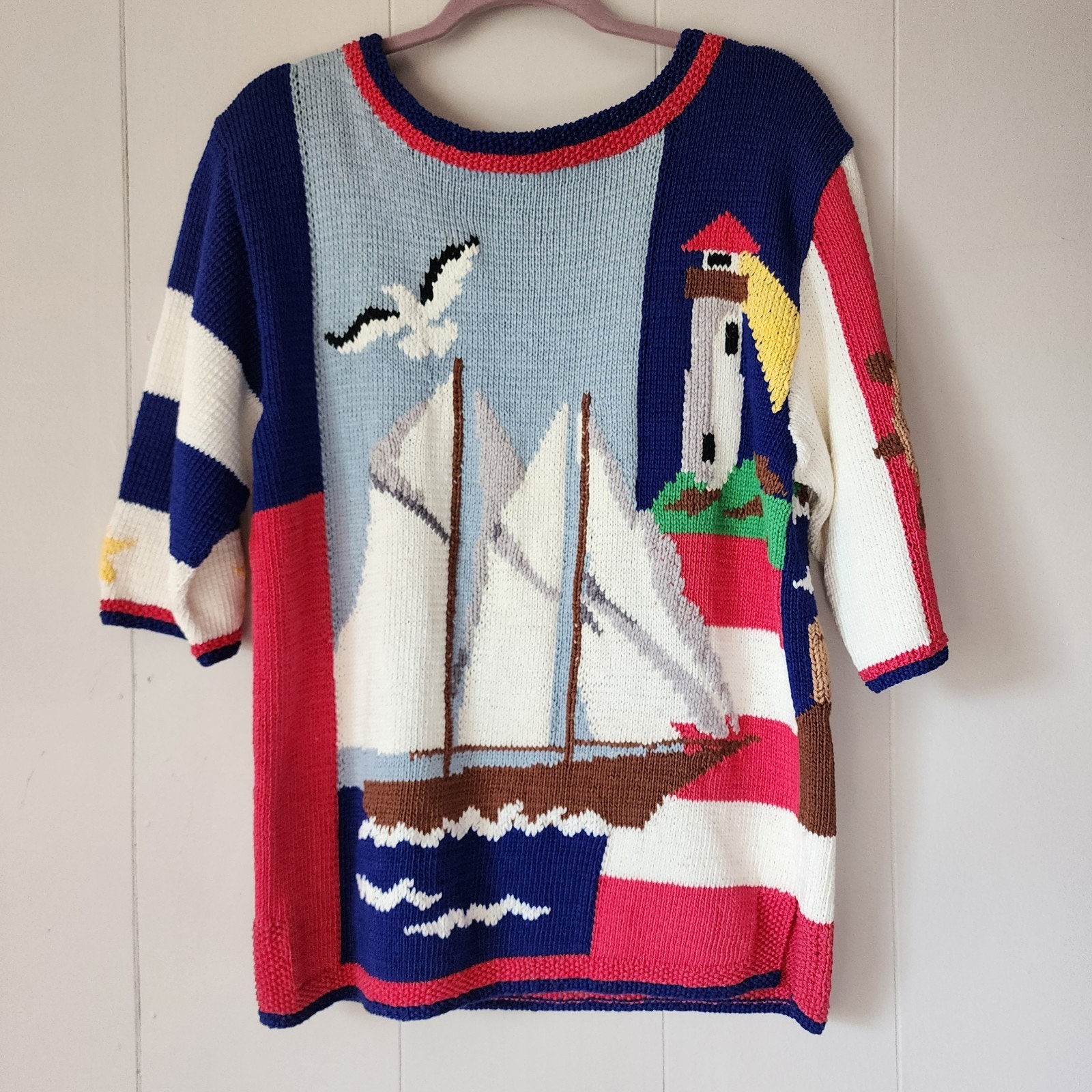 New 80s Vintage Berek Marta D Hand Knit Nautical Sailboat Lighthouse Sweater